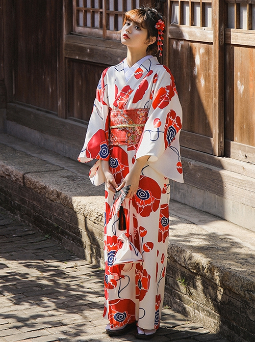 Japanese Style Literary Retro Red Big Flowers Bright Elegant Bathrobe Kawaii Fashion Improved Kimono