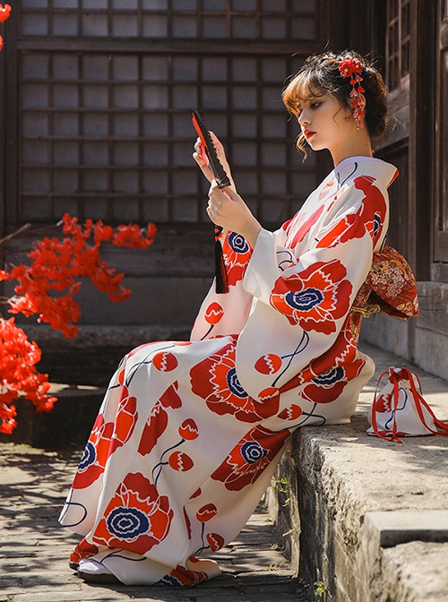 Japanese Style Literary Retro Red Big Flowers Bright Elegant Bathrobe Kawaii Fashion Improved Kimono