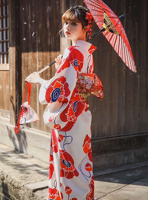 Japanese Style Literary Retro Red Big Flowers Bright Elegant Bathrobe Kawaii Fashion Improved Kimono