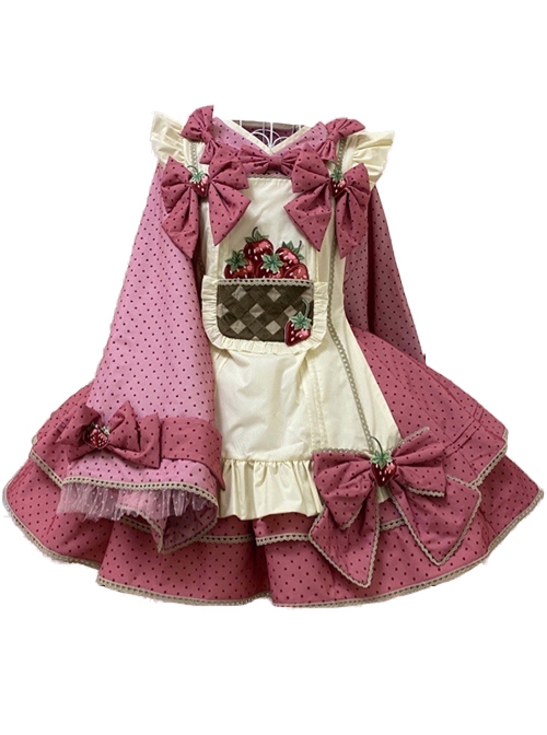 Little Strawberry Series Rose Pink Sweet Lolita Japanese Style Cute Little Apron Long Sleeves Fluffy Cake Skirt Shirt Set