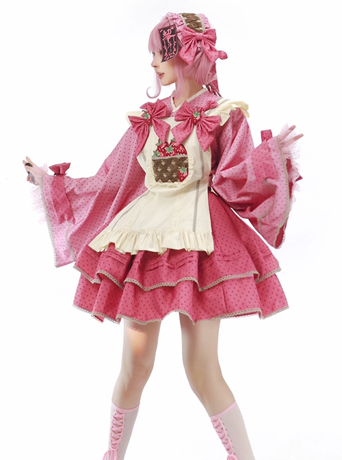 Little Strawberry Series Rose Pink Sweet Lolita Japanese Style Cute Little Apron Long Sleeves Fluffy Cake Skirt Shirt Set