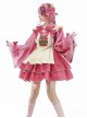 Little Strawberry Series Rose Pink Sweet Lolita Japanese Style Cute Little Apron Long Sleeves Fluffy Cake Skirt Shirt Set