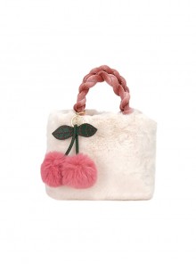 Cherry Hanging Ornament Autumn Winter White Furry Kawaii Fashion Daily Handbag Shoulder Crossbody Bag