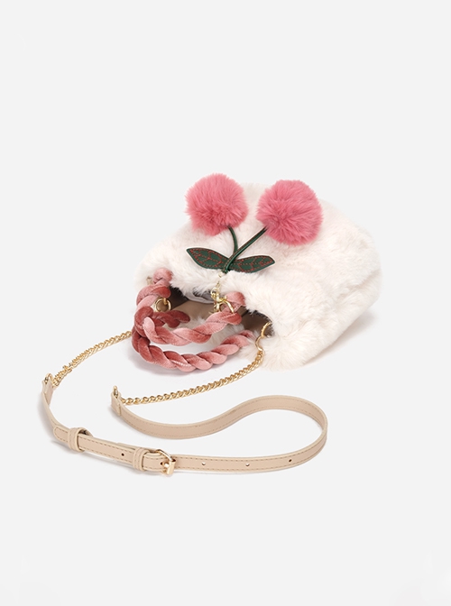 Cherry Hanging Ornament Autumn Winter White Furry Kawaii Fashion Daily Handbag Shoulder Crossbody Bag