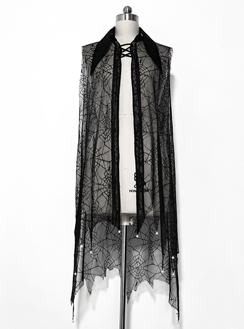 Phantom Series Ouji Fashion Black Translucent Spider Web Dark Irregular Pointed Hem Pearl Button Stacking Vest Shawl