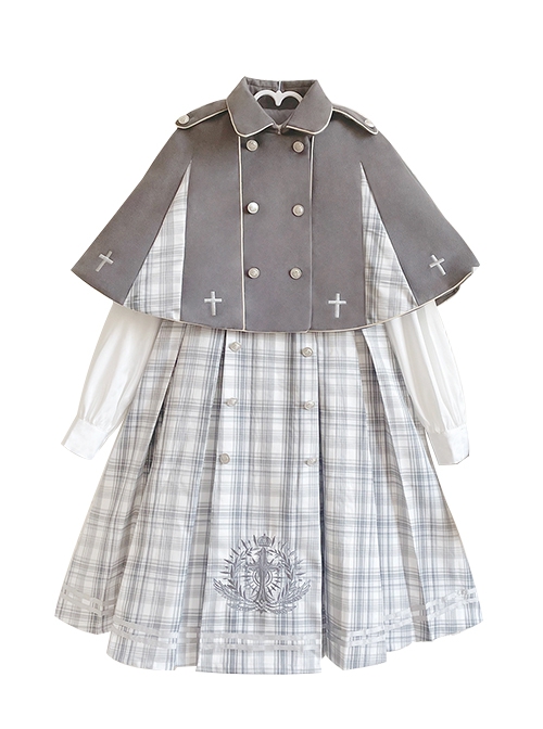 Soft Girly British Style College Gray White Plaid Dress Woolen Double Breast Lapel Jacket Cape Kawaii Fashion Suit