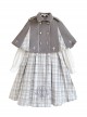 Soft Girly British Style College Gray White Plaid Dress Woolen Double Breast Lapel Jacket Cape Kawaii Fashion Suit