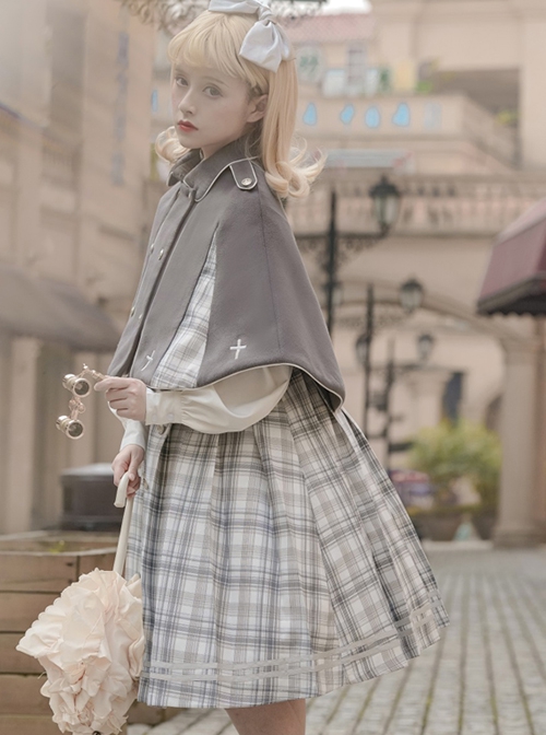 Soft Girly British Style College Gray White Plaid Dress Woolen Double Breast Lapel Jacket Cape Kawaii Fashion Suit