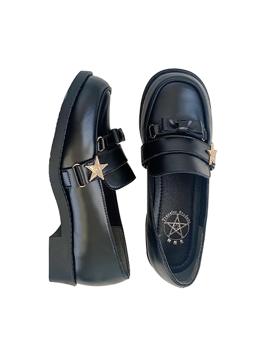 Star Taker Series Metallic Stars Round Toe British Style Exquisite Little Bowknot Cowhide Black Uniform Shoes