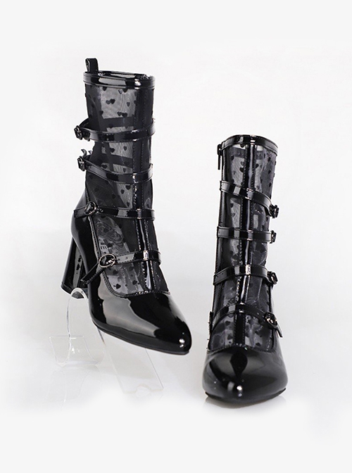 Goddess Name Series Vintage Love Polka Dots Mesh Yarn Lace Gothic Lolita Pointed Tip Middle Heels Boots