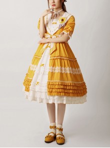 Sunflower Lapel Youthful Sunny Pastoral Style Fresh Cute Bowknot Lace Ruffles Classic Lolita Short Sleeves Dress