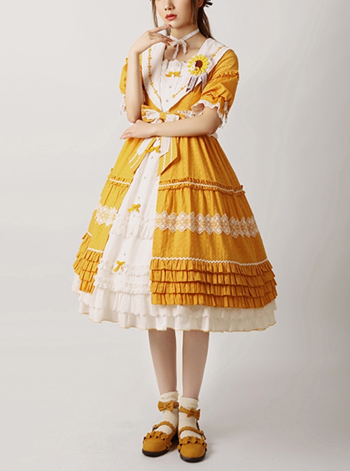 Sunflower Lapel Youthful Sunny Pastoral Style Fresh Cute Bowknot Lace Ruffles Classic Lolita Short Sleeves Dress