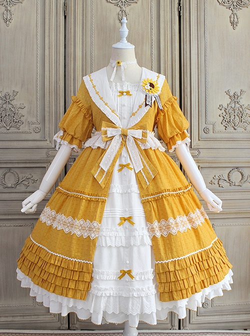 Sunflower Lapel Youthful Sunny Pastoral Style Fresh Cute Bowknot Lace Ruffles Classic Lolita Short Sleeves Dress