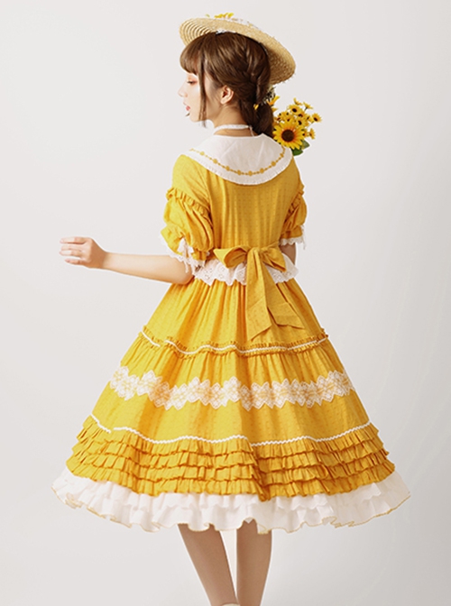 Sunflower Lapel Youthful Sunny Pastoral Style Fresh Cute Bowknot Lace Ruffles Classic Lolita Short Sleeves Dress