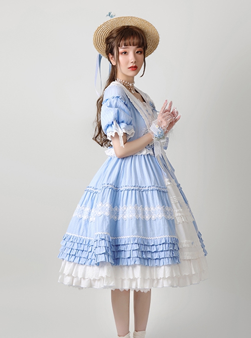 Sunflower Lapel Youthful Sunny Pastoral Style Fresh Cute Bowknot Lace Ruffles Classic Lolita Short Sleeves Dress