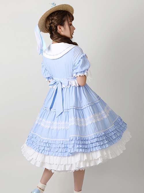 Sunflower Lapel Youthful Sunny Pastoral Style Fresh Cute Bowknot Lace Ruffles Classic Lolita Short Sleeves Dress