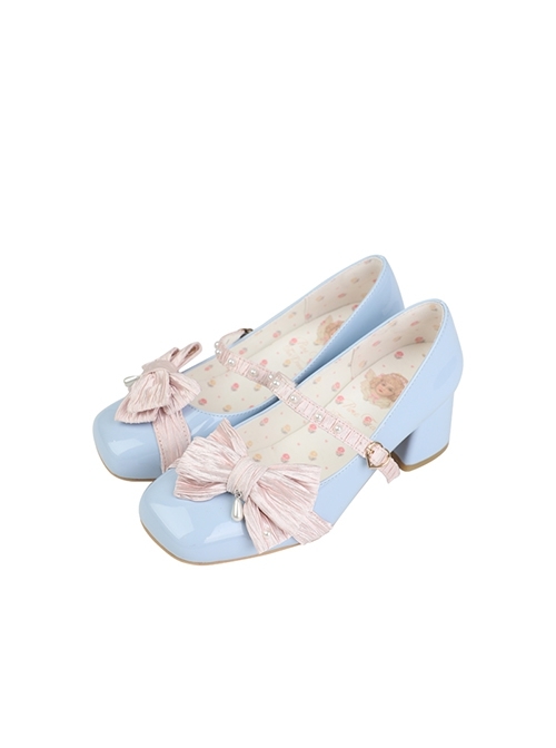Butterfly Puff Pastry Bowknot Pearl Square Toe Mid Low Heel Sweet Elegant Lolita Shoes