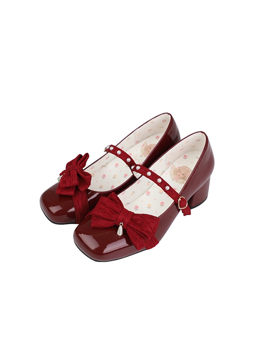 Butterfly Puff Pastry Bowknot Pearl Square Toe Mid Low Heel Sweet Elegant Lolita Shoes