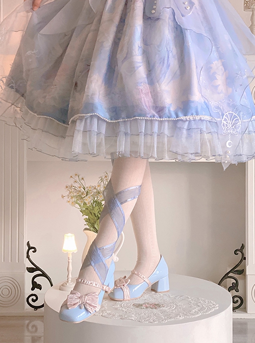 Butterfly Puff Pastry Bowknot Pearl Square Toe Mid Low Heel Sweet Elegant Lolita Shoes