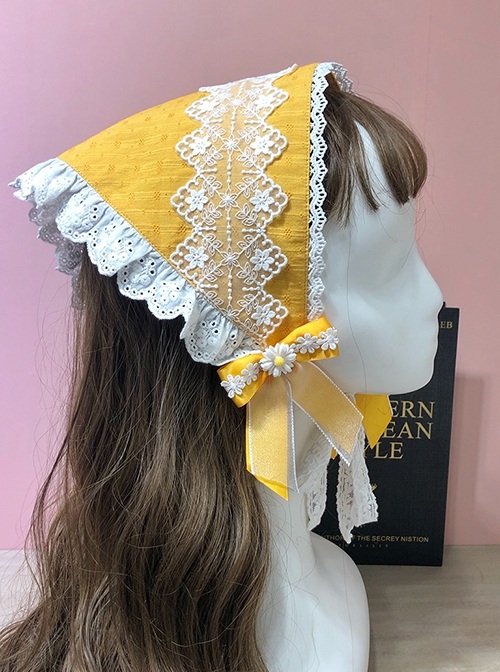 Sunflower Pastoral Style Little Daisy Bowknot Cotton Soft Lace Triangle Scarf Classic Lolita Decorative Headband