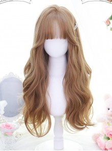 Japanese Fresh Style Champagne Milk Tea Maroon Full Head Long Curly Hair Big Waves Flat Bangs Sweet Lolita Wig