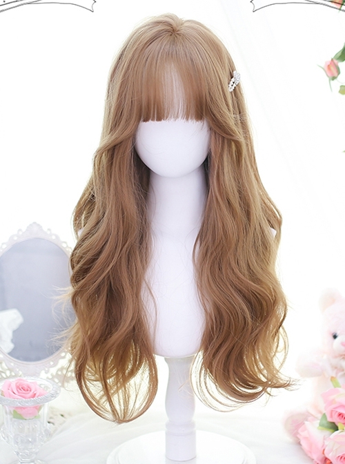 Japanese Fresh Style Champagne Milk Tea Maroon Full Head Long Curly Hair Big Waves Flat Bangs Sweet Lolita Wig
