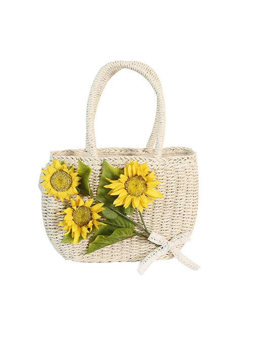 Bright Yellow Sunflower Natural Fresh Gentle Portable Shoulder Beach Woven Travel Straw Classic Lolita Bag