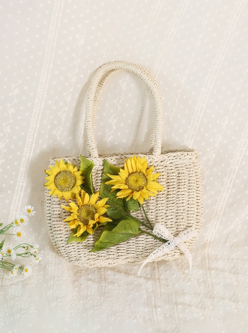 Bright Yellow Sunflower Natural Fresh Gentle Portable Shoulder Beach Woven Travel Straw Classic Lolita Bag