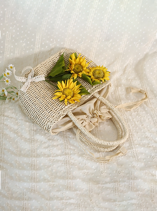 Bright Yellow Sunflower Natural Fresh Gentle Portable Shoulder Beach Woven Travel Straw Classic Lolita Bag