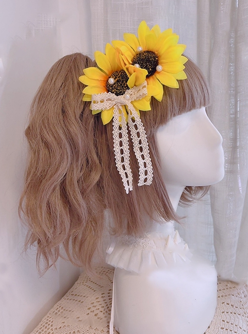 Bright Sunshine Tender Yellow Handmade Simulated Sunflower Lace Bowknot Pearl Flower Ball Classic Lolita Hair Clip