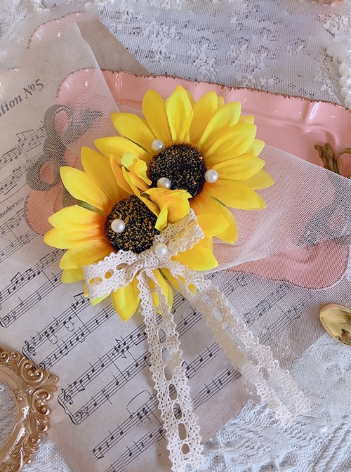 Bright Sunshine Tender Yellow Handmade Simulated Sunflower Lace Bowknot Pearl Flower Ball Classic Lolita Hair Clip