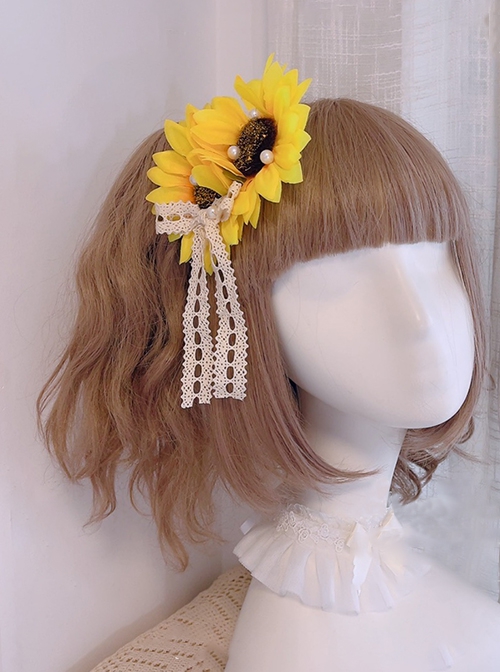 Bright Sunshine Tender Yellow Handmade Simulated Sunflower Lace Bowknot Pearl Flower Ball Classic Lolita Hair Clip