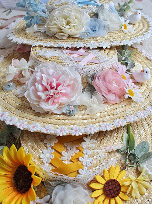 Sunflower Handmade Artificial Flowers Small Daisy Rose Cute Bird Fresh Natural Classic Lolita Flat Straw Hat