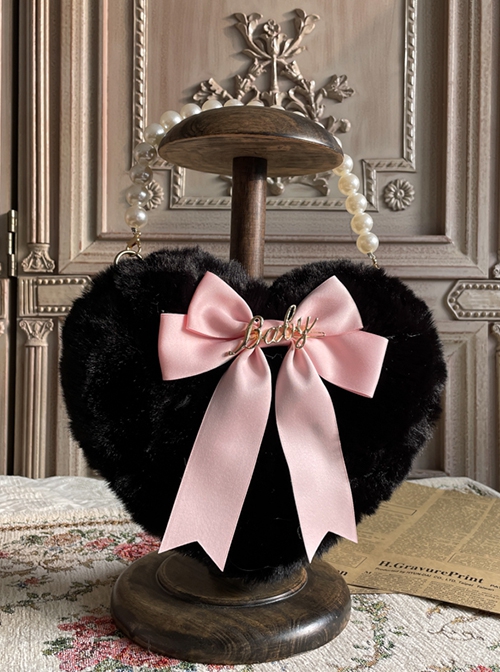 Black Furry Bowknot Pearl Chain Sweet Handbag Shoulder Crossbody Heart Shape Lolita Bag