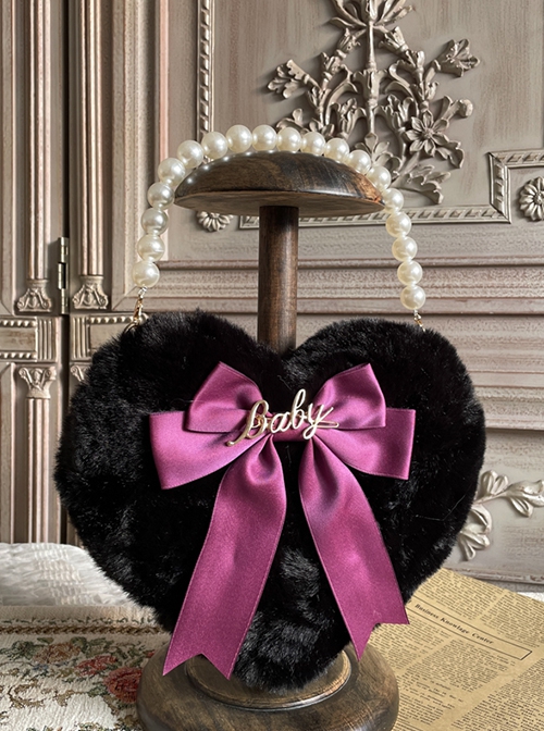 Black Furry Bowknot Pearl Chain Sweet Handbag Shoulder Crossbody Heart Shape Lolita Bag