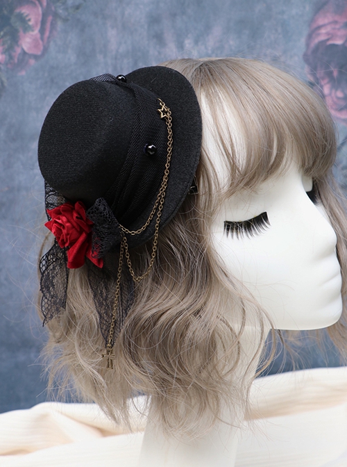 Gorgeous Retro Gothic Style Dark Handmade Flower Metal Chain Lace Decorated Lolita Hat