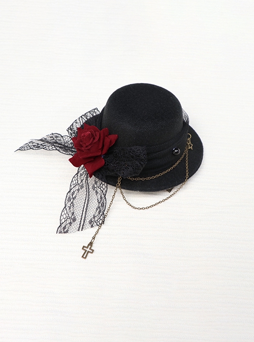 Gorgeous Retro Gothic Style Dark Handmade Flower Metal Chain Lace Decorated Lolita Hat