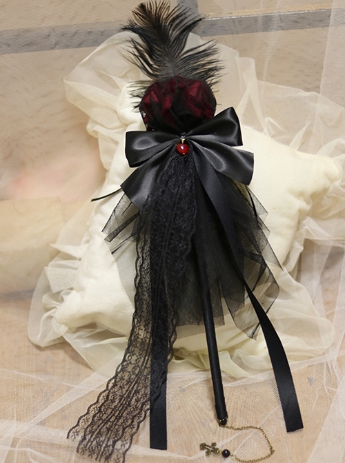 Retro Elegant Dark Gothic Style Handmade Flower Lace Feather Decoration Lolita Magic Wand