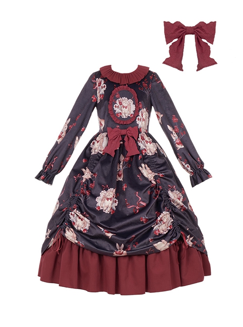 Sheep Berry Rabbit Series Velvet Satin Gray Purple Wine Red Cute Lamb Loose Fairytale Classic Lolita Long Sleeves Dress OP