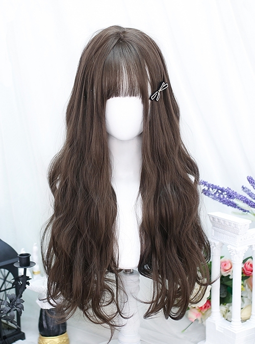 Japanese Style Cute Flat Bangs Whole Head Daily Simulation Black Brown Sweet Lolita Long Curly Hair Wig