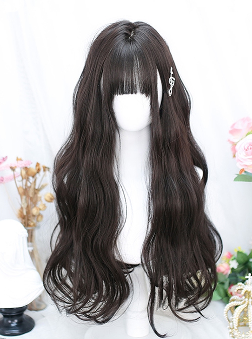 Japanese Style Cute Flat Bangs Whole Head Daily Simulation Black Brown Sweet Lolita Long Curly Hair Wig