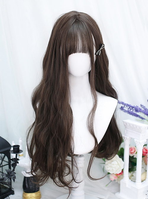 Japanese Style Cute Flat Bangs Whole Head Daily Simulation Black Brown Sweet Lolita Long Curly Hair Wig