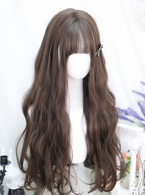 Japanese Style Cute Flat Bangs Whole Head Daily Simulation Black Brown Sweet Lolita Long Curly Hair Wig