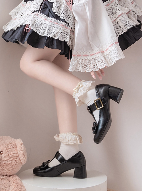 Ellie Series Bowknot Mary Jane Retro British Style Doll Microfiber Leather Sweet Lolita Round Toe Chunky High Heels Shoes