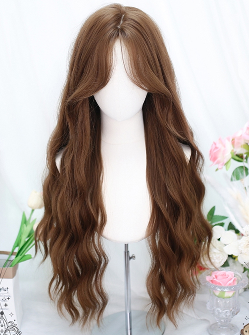 Gentle Honey Brown Full Head Long Curly Hair Water Ripples Character Bangs Natural Sweet Lolita Wig