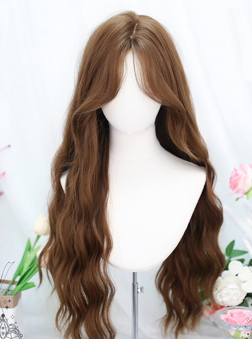 Gentle Honey Brown Full Head Long Curly Hair Water Ripples Character Bangs Natural Sweet Lolita Wig