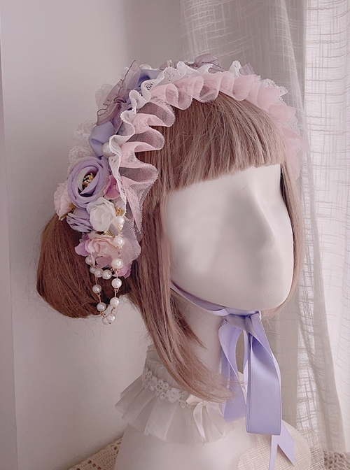 Good Morning Kiss Series Gentle Pink Purple Handmade Flower Satin Lolita Headband