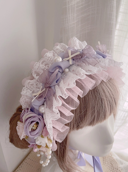 Good Morning Kiss Series Gentle Pink Purple Handmade Flower Satin Lolita Headband