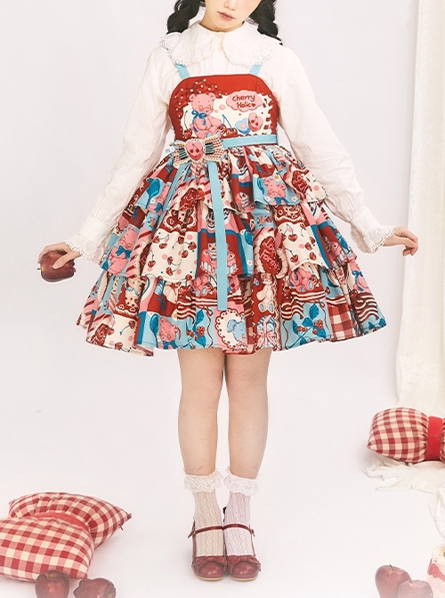 Cherry Bear Series Jsk Cute Three Section Cake Hem Sweet Printed High Waist Lolita Sleeveless Dress