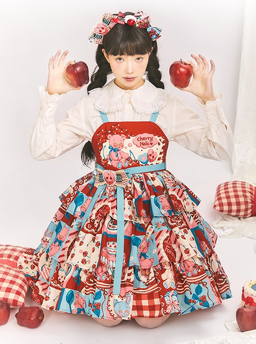 Cherry Bear Series Jsk Cute Three Section Cake Hem Sweet Printed High Waist Lolita Sleeveless Dress